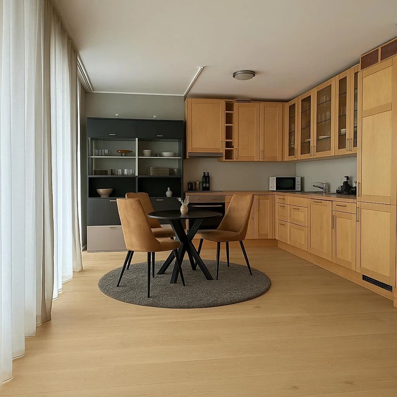 ILLUSTRASJON av stue/kjøkken etter gulvbytte.